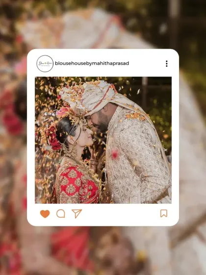 Our bride Sophia Patel in her bespoke red raw silk blouse, featuring a rich jeweled design for her Muhurtham ceremony.
