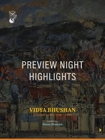The 'Preview Night Highlights' graphic for the Vidya Bhushan exhibition.