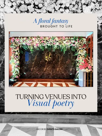 Turning venues into visual poetry is what I do. This floral fantasy stage, with a lush arch of flowers against a dark marble backdrop and a custom monogram, is a perfect example of how I create a grand and personalized welcome for any celebration.