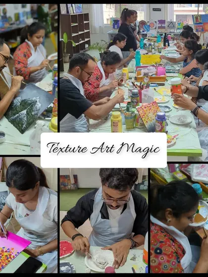 A collage titled "Texture Art Magic," showing participants deeply engaged in creating their tactile masterpieces.