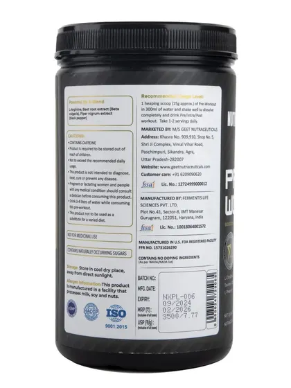 The back label of a pre-workout supplement, showing ISO certification and other details.