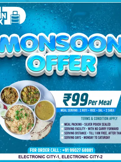 I like to run seasonal promotions like this Monsoon Offer. It's a great way to try my service at a special price, with each meal containing roti, rice, dal, and two different sabjis.
