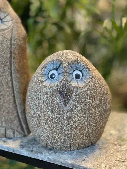 A close-up of our 'Goobey', the stone owl. This eccentric piece is carved from natural rock and is guaranteed to make onlookers go "awww." It's a perfect, lovable accent for any nook.