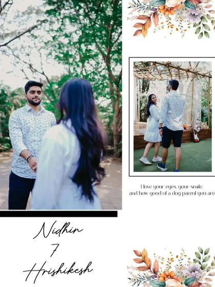 An album layout that uses a creative, over-the-shoulder perspective to draw you into the couple's world, set in a rustic, natural environment.