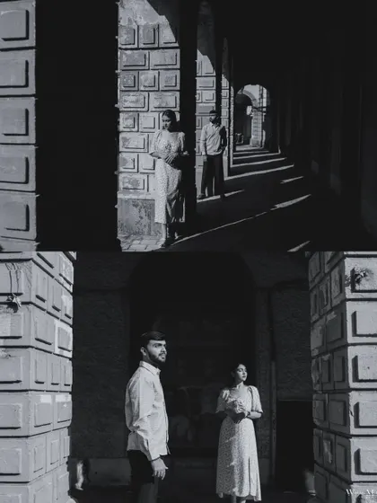 A dramatic black and white diptych using shadows and light. The architectural setting in Mumbai creates strong lines and a cinematic feel for this artistic pre-wedding shot.