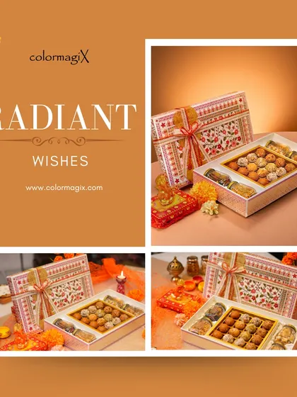 A promotional graphic for our "Radiant Wishes" Diwali collection. It features our elegant floral-print sweet boxes, perfect for sharing joy with family and friends.