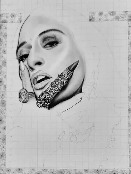This is the 98-hour process of drawing Raja Kumari. The progress shots highlight the extreme detail in her jewelry and the challenge of rendering different textures.