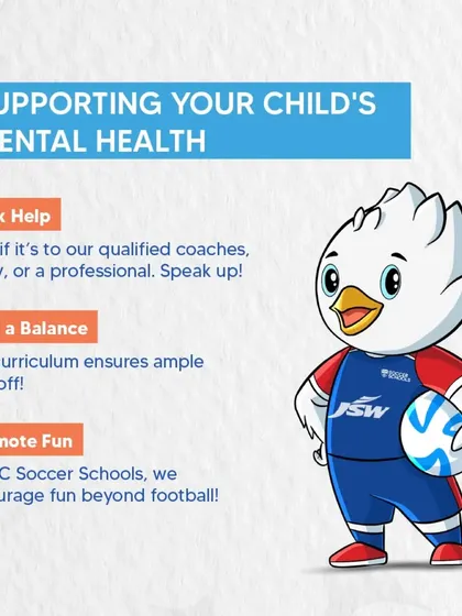 An infographic on supporting a child's mental health. Our curriculum promotes fun, balance, and seeking help, ensuring our players are strong in mind and body.