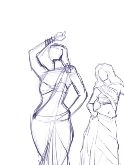 Quick gesture drawings of figures in sarees. The goal here isn't detail, but to capture the movement, flow, and rhythm of the poses in just a few lines.
