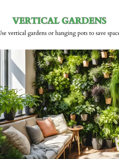 To save space on a small balcony, I often use vertical gardens or hanging pots. This image shows a lush green wall that adds a lot of greenery without taking up valuable floor space.