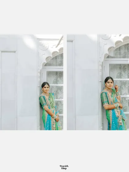 A diptych of the bride posing against a white architectural backdrop, showcasing her elegant South Indian fusion look.
