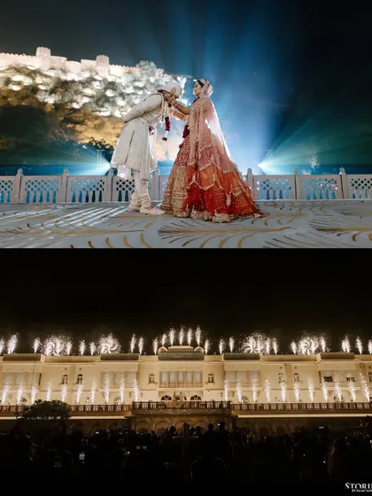 The Varmala ceremony for Rahul and Aashi, set against a palace and illuminated by fireworks. This shot showcases my ability to capture the pinnacle moments of a wedding with dramatic, cinematic flair.