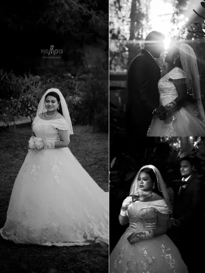 A collage of black and white photos from the couple's outdoor shoot, showcasing a range of romantic and classic poses.