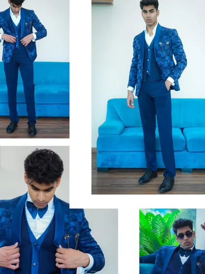 A collage showing different angles of the royal blue patterned suit, highlighting its versatility and style.