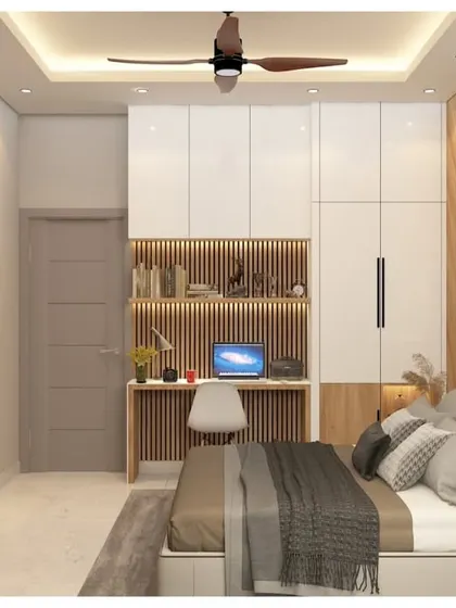 A 3D render of a bedroom that combines a study area with the main sleeping space. The design uses wood-paneled accents and a feature wallpaper behind the bed to create a warm and modern room.