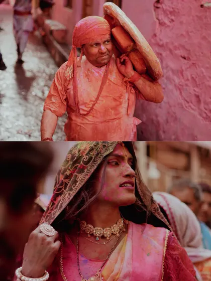 A comprehensive photo series from Lathmaar Holi in Barsana. These images document the unique tradition where women playfully hit men with sticks, recreating a legend of Lord Krishna and Radha. The photos are filled with motion, color, and raw emotion.