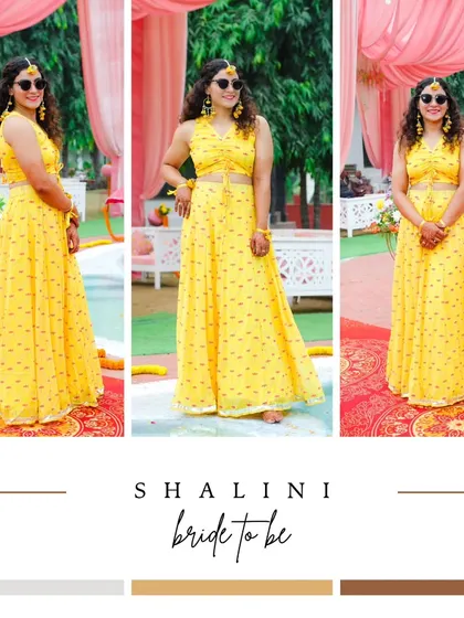 A stylish collage celebrating the "bride to be" at her Haldi. It showcases her fun, modern yellow outfit and her joyful, carefree attitude.