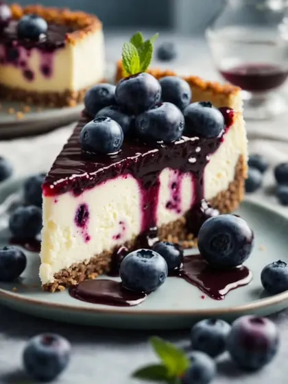 A perfect slice of creamy Blueberry Cheesecake with a graham cracker crust, topped with a generous amount of blueberry compote and fresh berries.