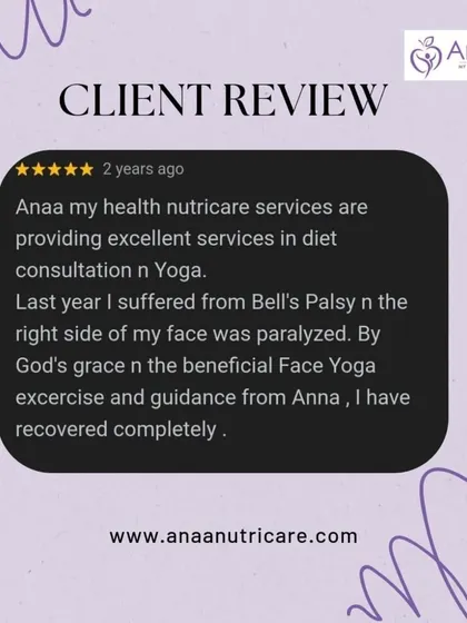 This client recovered completely from Bell's Palsy with the help of my guidance and Face Yoga exercises. It shows that my approach is holistic, combining diet with other supportive therapies for overall health.