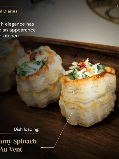 From our Trial Diaries, here's a glimpse of our Creamy Spinach Vol Au Vent being perfected. This delicate and divine French-inspired appetizer is a new creation from our kitchen lab.