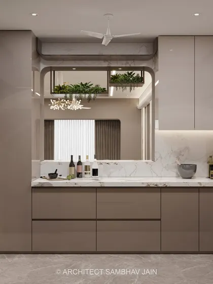 This beige-toned minimalist kitchen embodies quiet luxury and functional elegance. Soft matte cabinetry in warm beige hues creates a seamless and calming canvas, while the backsplash, clad in pristine white marble, adds a timeless and upscale dimension.