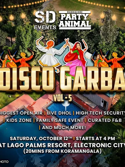The official poster for Disco Garba Vol. 5, Bengaluru's biggest open-air Dandiya festival. I was excited to be a part of this family-safe event with live dhol.