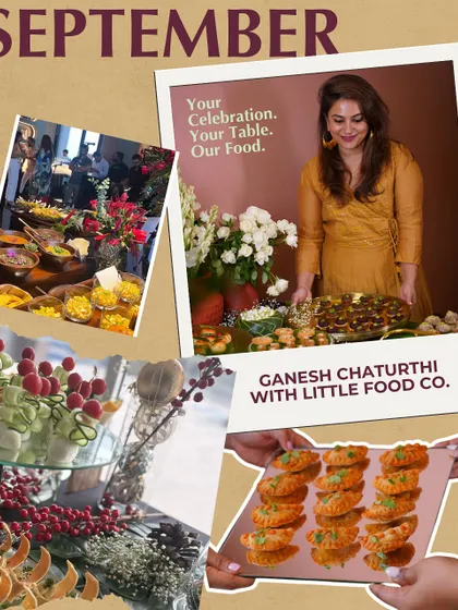A look back at our September celebrations, highlighting our special catering for Ganesh Chaturthi. The collage shows our festive food spreads and the joy of celebrating with our clients.