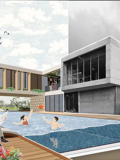 This collage illustrates our vision for a clubhouse that grows with its community. It's a space for all ages, from kids splashing in the pool to adults enjoying a quiet coffee, showing how our illustrated concepts become the backdrop for real-life memories.