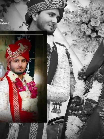 A timeless black and white wedding album layout, combining a large couple portrait with a smaller color inset.