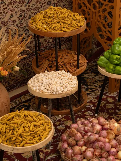 Trays of whole turmeric, cinnamon, and other spices were displayed, adding to the sights and smells of a traditional bazaar.