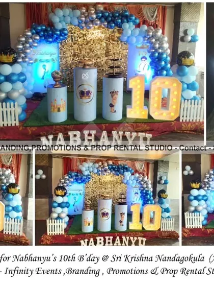A 10th birthday deserves a grand celebration, and this Royal Prince theme delivers. Set up at Sri Krishna Nandagokula, it features a gold sequin backdrop, an elaborate blue and gold balloon arch, marquee numbers, and a personalized crest, making the birthday boy feel like a true king.