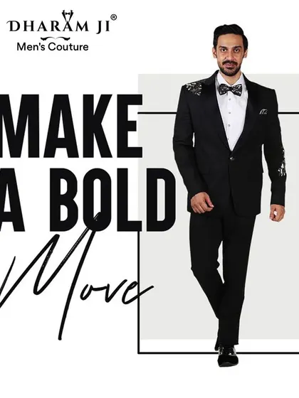 Make a bold move. This graphic features a model in a custom black tuxedo, embodying confidence and style.