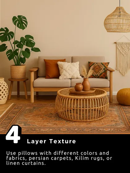Layering textures is essential for a rich and inviting living space. Here, we've combined a plush Persian carpet, varied cushion fabrics, and a rattan coffee table to create a room that is visually interesting and comfortable.