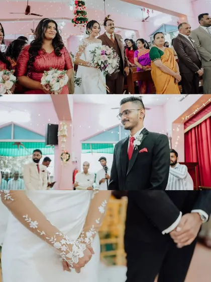 A collage of key moments from the church ceremony, from the bride walking down the aisle to the couple holding hands at the altar.