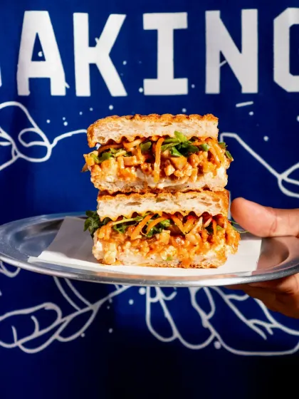 The Pulled Pork Kimchi Focaccia against my branded background, a true signature item.