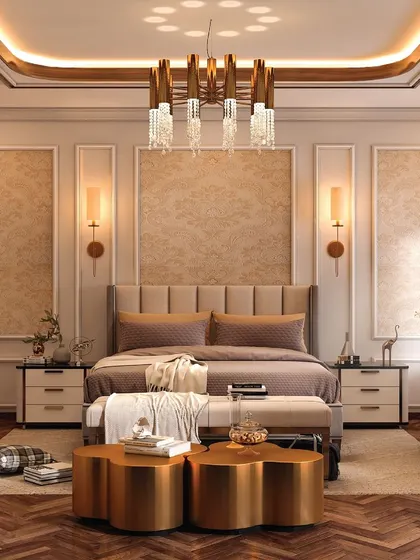 The full view of Someshekhar's master bedroom showcases the balance of textures and colors. The plush bedding, vintage-style wall panels, and statement coffee tables come together to create a truly luxurious space.