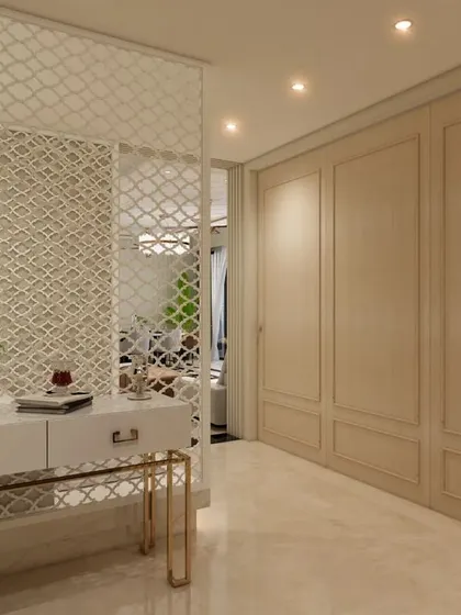 A view of the foyer's concealed storage, seamlessly integrated into the wall panels for a clean, uncluttered look.