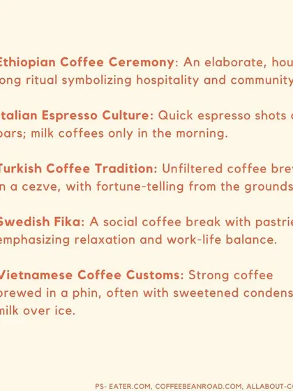 A list of different coffee cultures around the world, from the Ethiopian coffee ceremony to the Swedish Fika.