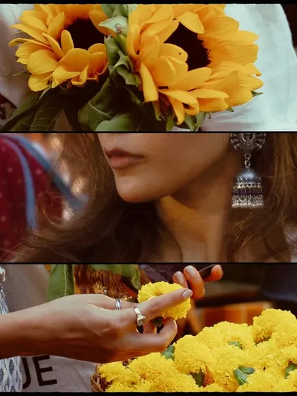 A collage of details from the Dadar flower market shoot. It highlights the textures, colors, and small moments: the vibrant sunflowers, the traditional jhumka earrings, and the hands selecting marigolds, telling a richer story.