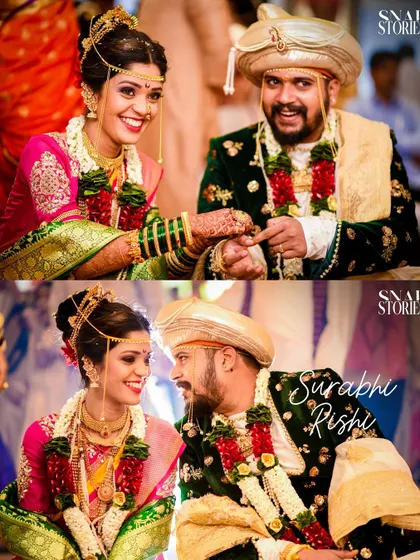 A collage capturing the ring exchange and a loving glance between the couple. We document the key moments and the subtle emotions of your wedding ceremony.
