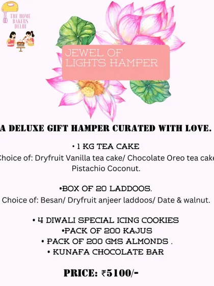 Our 'Jewel of Lights' deluxe Diwali hamper menu. This grand hamper includes a 1kg tea cake, 20 laddoos, icing cookies, dry fruits, and a Kunafa chocolate bar.