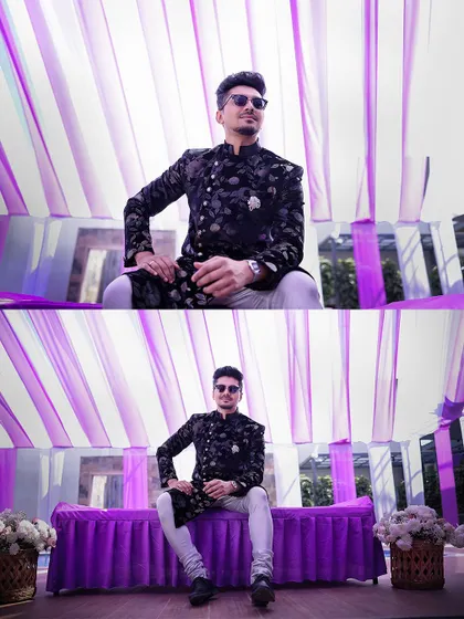 A collage of the groom posing against the vibrant purple backdrop of the event decor.