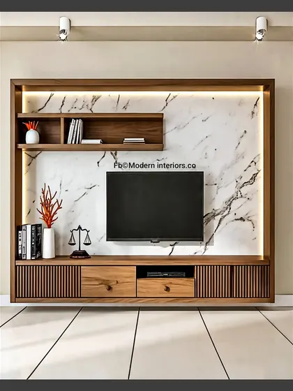 Simple, elegant, and functional. This floating TV unit features a beautiful marble-look back panel framed in wood, with subtle LED backlighting to create a warm ambiance. The fluted details on the drawers add a touch of texture.