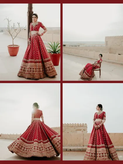 A collage of bridal portraits at Suryagarh, showcasing the bride's Sabyasachi lehenga from different angles against the desert fortress backdrop.
