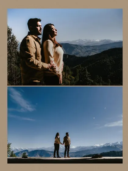 A two-panel collage from a mountain pre-wedding shoot, showing the couple against a vast landscape of hills under a clear blue sky.