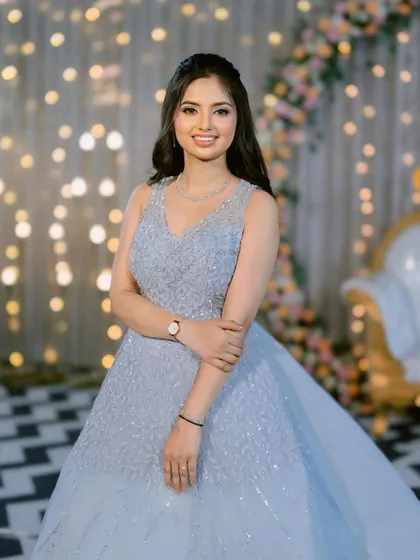 A true Disney princess moment. This bride looks stunning in her powder blue ball gown for her engagement, with makeup that is equally magical and dreamy.