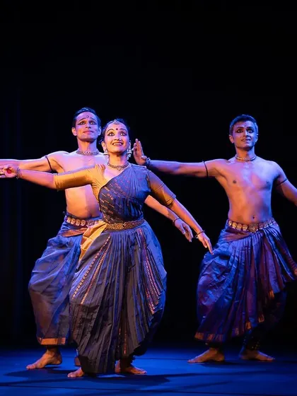 The three of us in a moment of unified expression during 'ĀBHA'. This pose showcases the blend of grace and strength that Bharatanatyam requires.