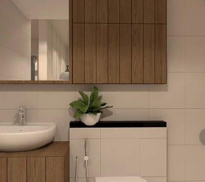 A 3D render of a bathroom design, featuring a clean, minimalist aesthetic with wood-paneled vanity and storage, a vessel sink, and a backlit mirror for a soft, ambient glow.