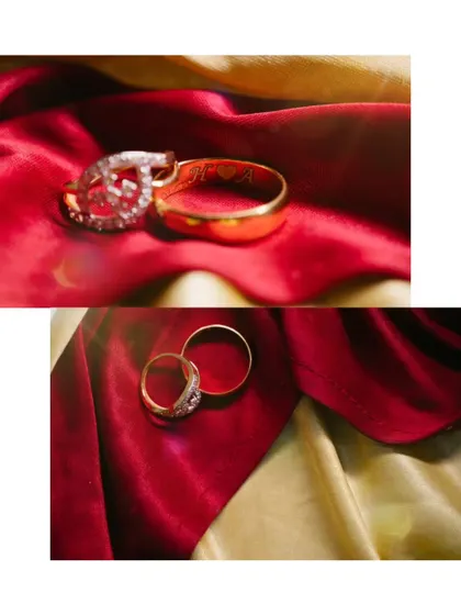 Detailed shots of Ashlesha and Harsh's beautiful engagement rings, artfully placed on rich, colourful fabric to highlight their design and sparkle.