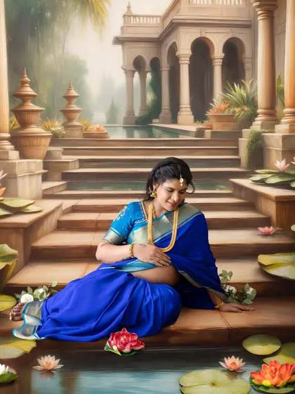 An elegant maternity portrait inspired by classical paintings. The expectant mother is captured in a serene moment, surrounded by water lilies in a beautiful blue saree.